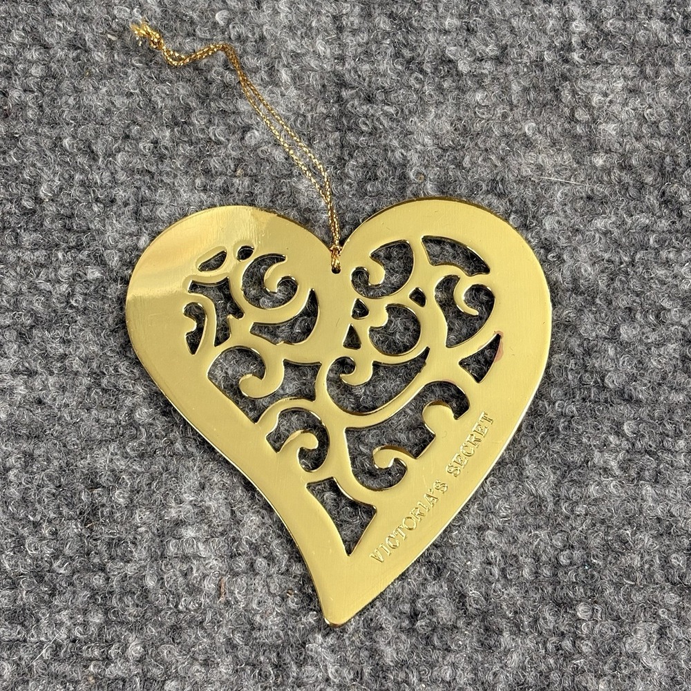 90s Victoria's Secret Gold Metal Heart Ornament Christmas Scroll Cutout Logo VTG